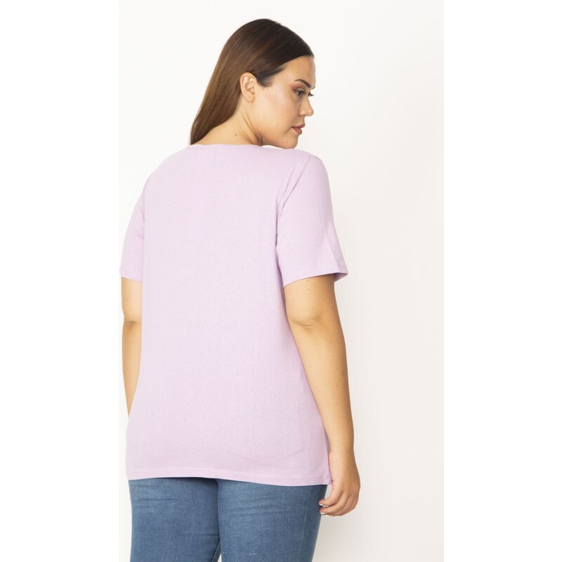Şans Women's Plus Size Lilac Cotton Fabric V-Neck Short Sleeve Blouse