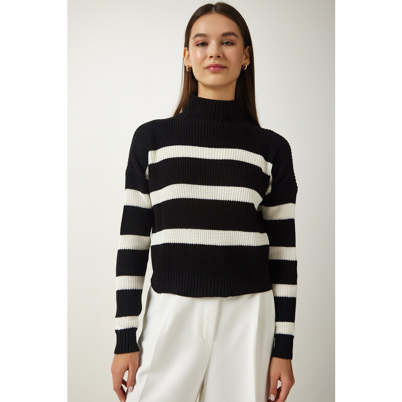 Happiness İstanbul Women's Black High Neck Striped Knitwear Sweater