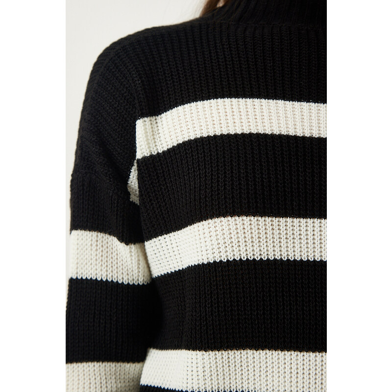 Happiness İstanbul Women's Black High Neck Striped Knitwear Sweater