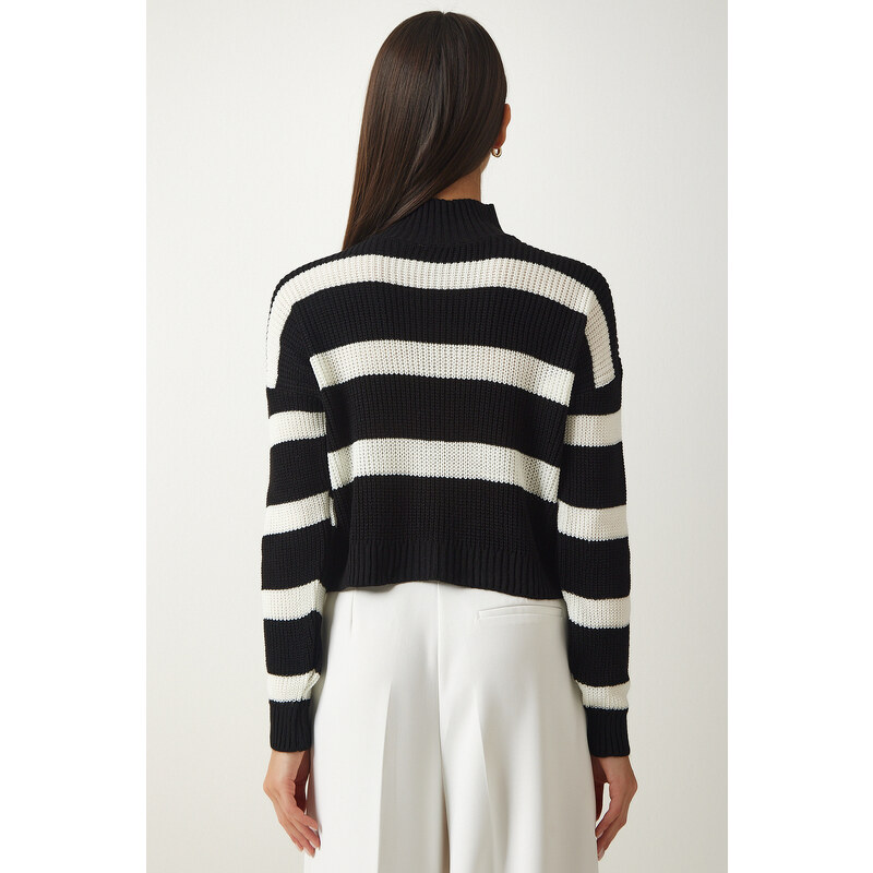 Happiness İstanbul Women's Black High Neck Striped Knitwear Sweater
