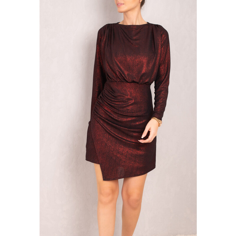 armonika Women's Burgundy Drape Detailed Silvery Mini Dress