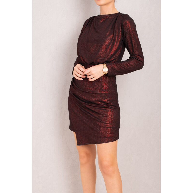 armonika Women's Burgundy Drape Detailed Silvery Mini Dress