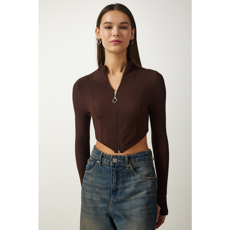 Happiness İstanbul Women's Brown Zipper Turtleneck Crop Knitted Blouse