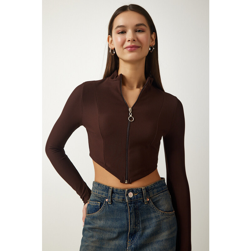 Happiness İstanbul Women's Brown Zipper Turtleneck Crop Knitted Blouse