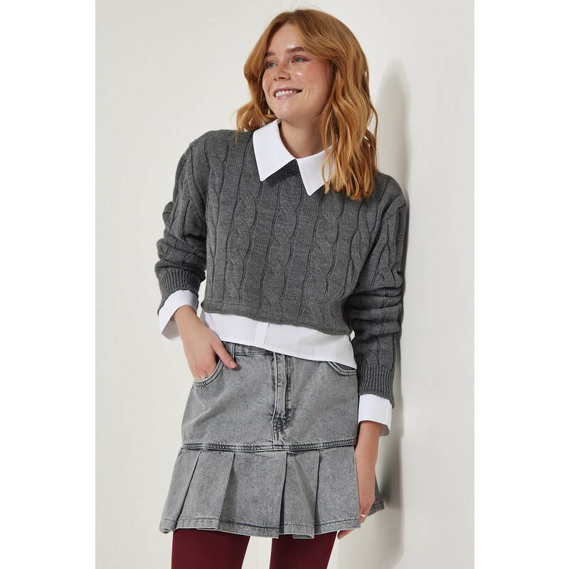 Happiness İstanbul Women's Light Gray Shirt Detailed Seasonal Crop Knitwear Sweater