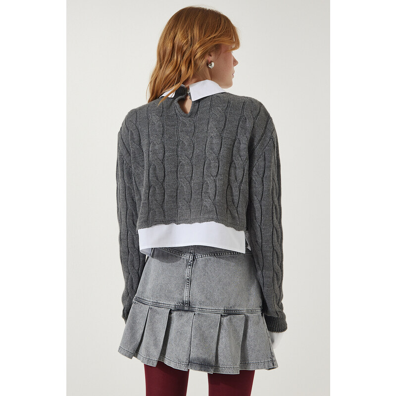 Happiness İstanbul Women's Light Gray Shirt Detailed Seasonal Crop Knitwear Sweater