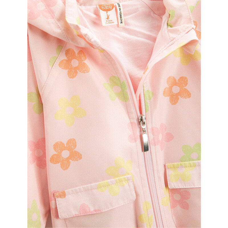 Koton Floral Raincoat with a Hooded Zipper, Stand-Up Collar, Pockets and Elasticated Cuffs and Waist.