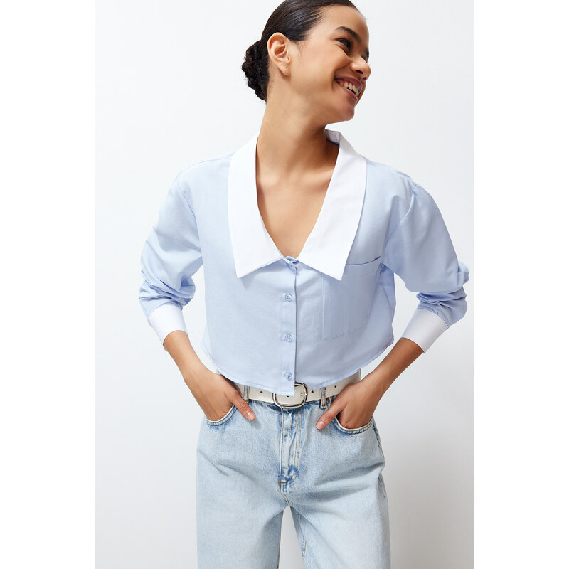 Trendyol Blue Wide Collar Crop Woven Shirt