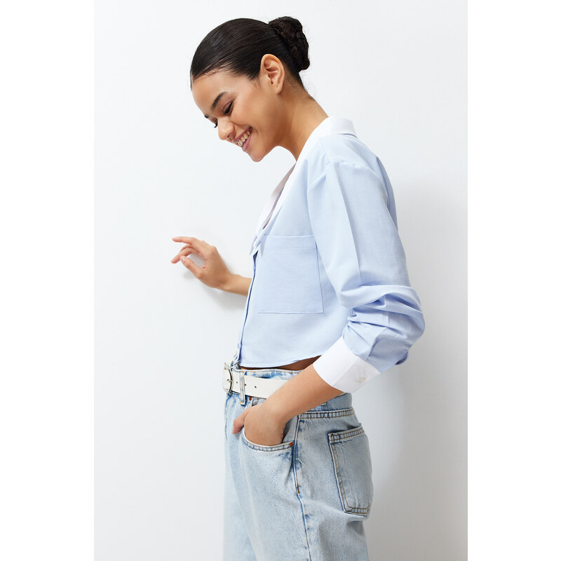 Trendyol Blue Wide Collar Crop Woven Shirt