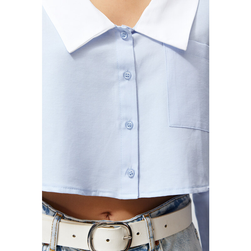 Trendyol Blue Wide Collar Crop Woven Shirt