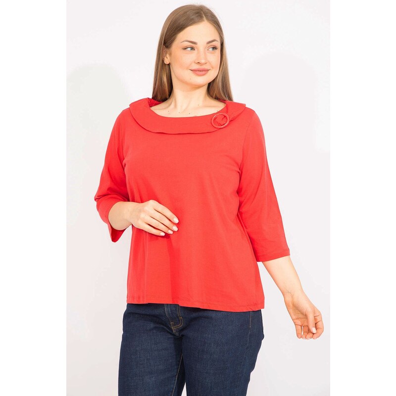 Şans Women's Red Plus Size Cotton Fabric Collar With Ornamental Buckle.