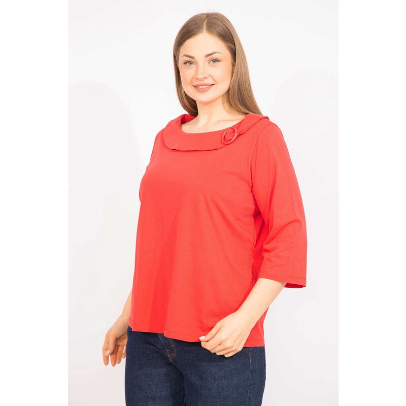 Şans Women's Red Plus Size Cotton Fabric Collar With Ornamental Buckle.