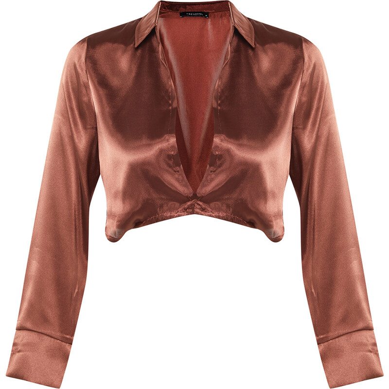 Trendyol Brown Crop Tie Detail Satin Woven Blouse