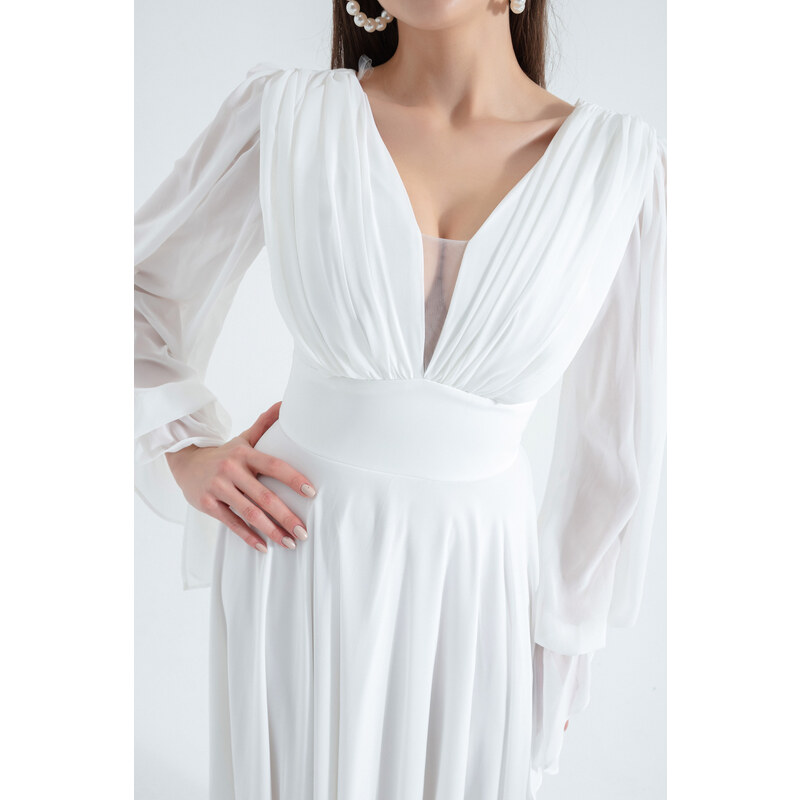 Lafaba Women's White V-Neck Long Chiffon Evening Dress