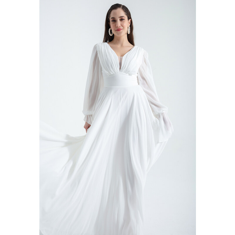 Lafaba Women's White V-Neck Long Chiffon Evening Dress