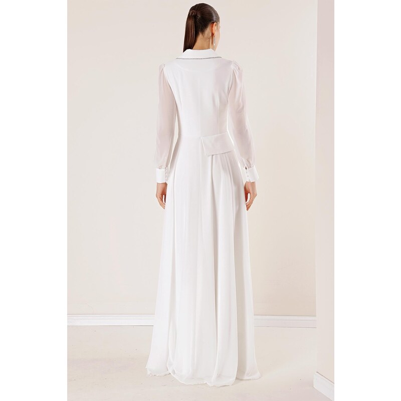 By Saygı Double Breasted Neck Stone Detailed Lined Sleeves And Skirt Chiffon Long Dress