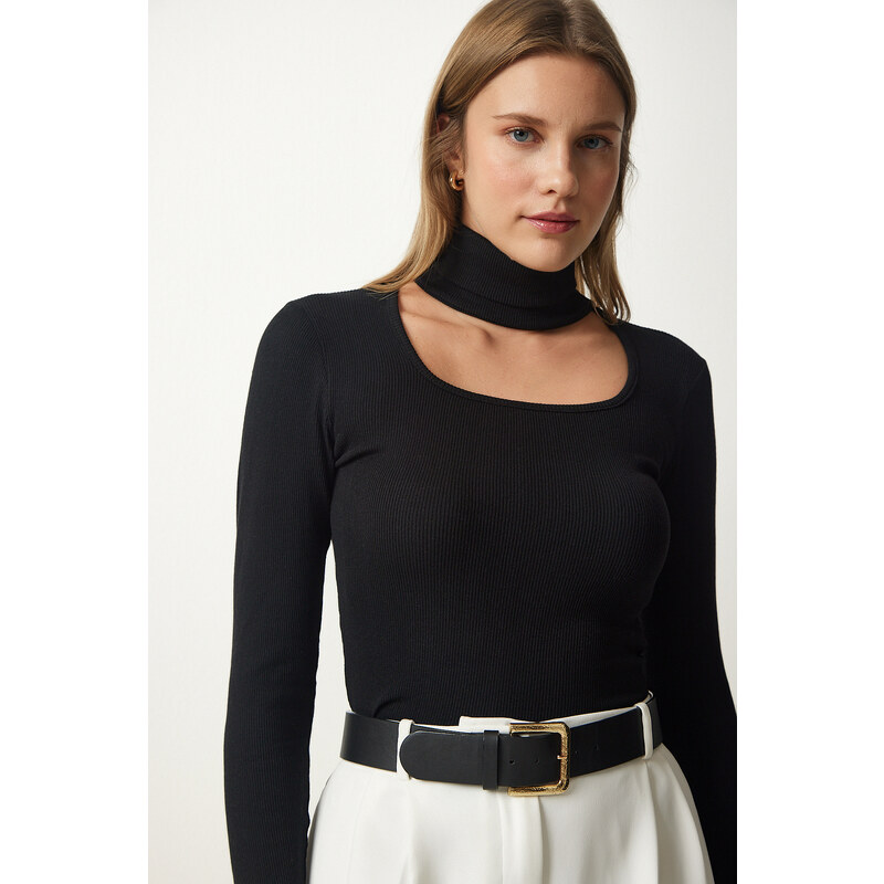 Happiness İstanbul Women's Black Cut Out Detailed Turtleneck Corded Knitted Blouse