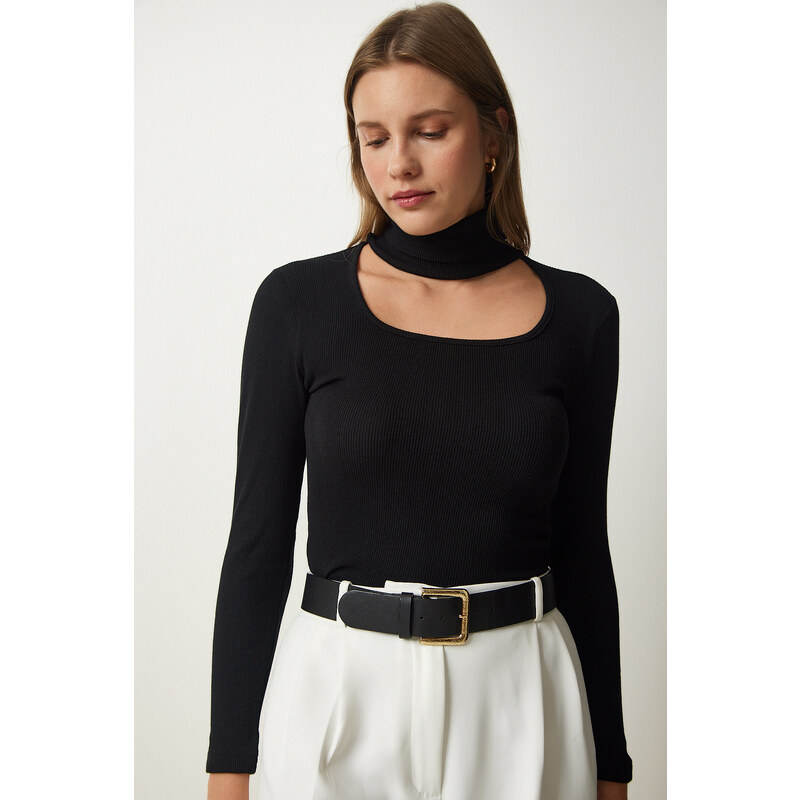 Happiness İstanbul Women's Black Cut Out Detailed Turtleneck Corded Knitted Blouse