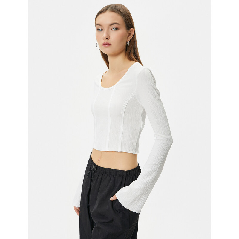 Koton Crop Blouse Bodice Detail Long Sleeve U Neck Ribbed