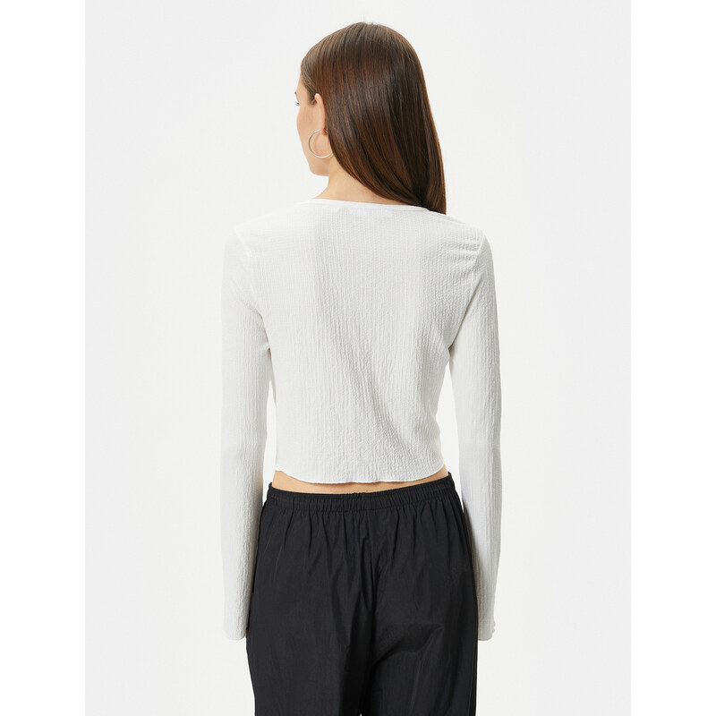 Koton Crop Blouse Bodice Detail Long Sleeve U Neck Ribbed