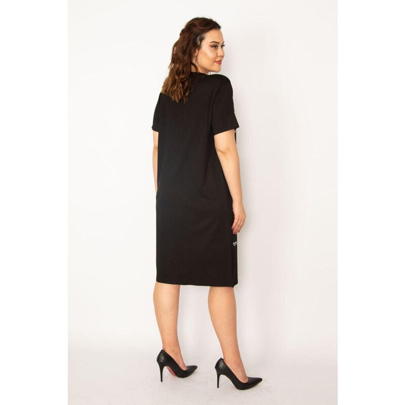 Şans Women's Plus Size Black Viscose Dress with Front Print