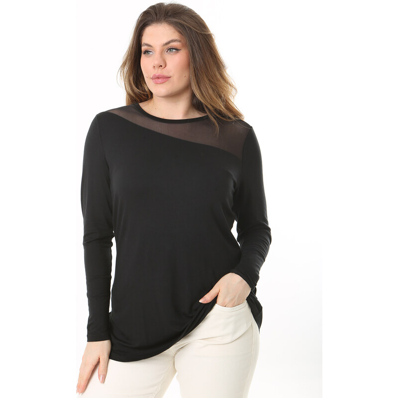 Şans Women's Plus Size Black Front And Back Tulle Detail Long Sleeve Blouse