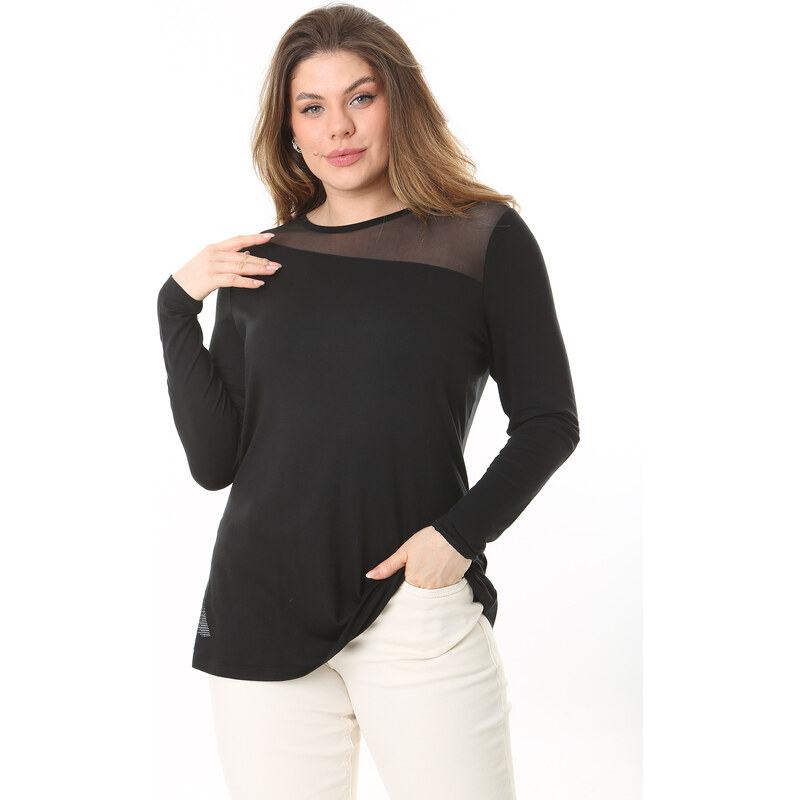 Şans Women's Plus Size Black Front And Back Tulle Detail Long Sleeve Blouse