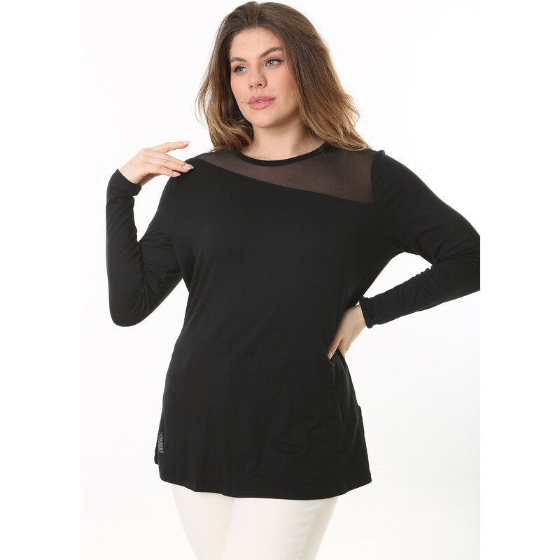 Şans Women's Plus Size Black Front And Back Tulle Detail Long Sleeve Blouse