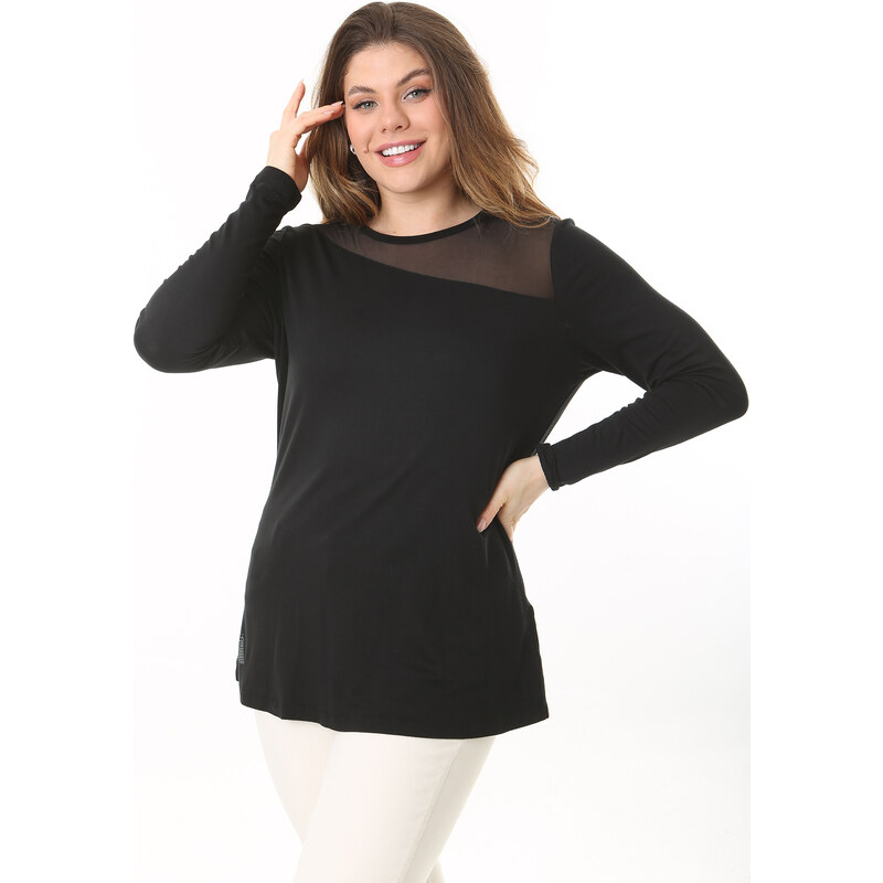 Şans Women's Plus Size Black Front And Back Tulle Detail Long Sleeve Blouse