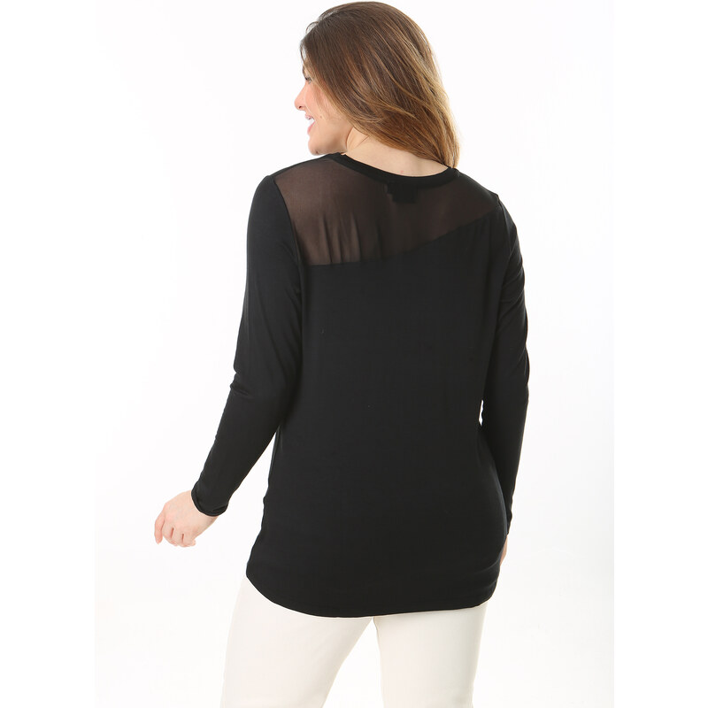 Şans Women's Plus Size Black Front And Back Tulle Detail Long Sleeve Blouse