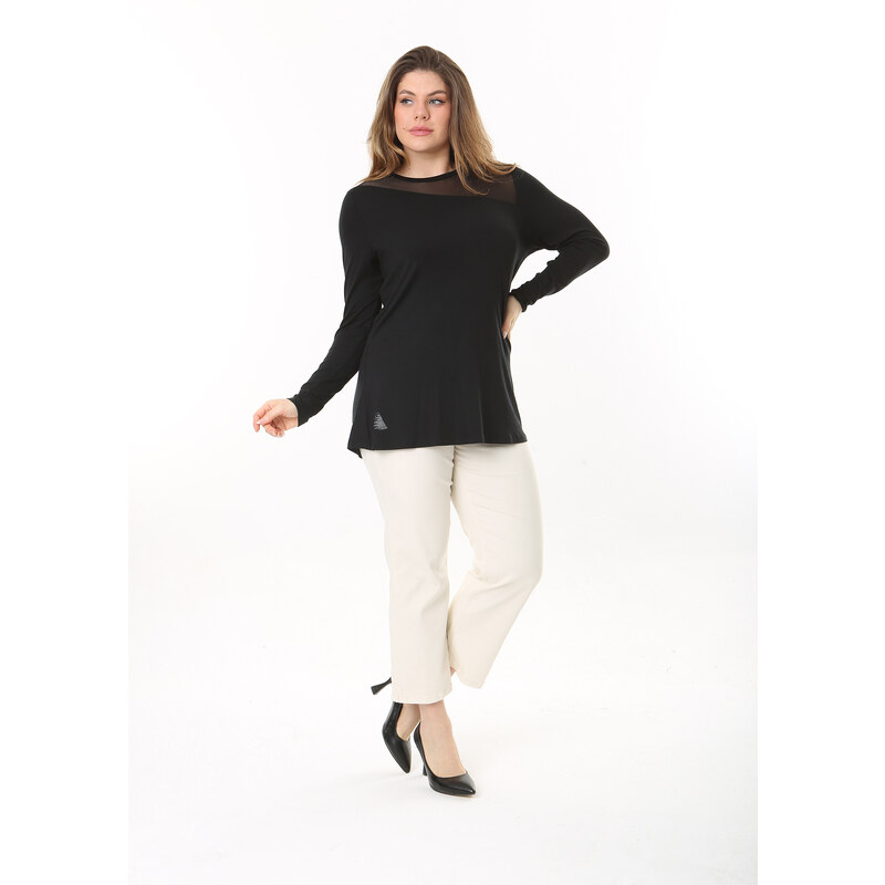 Şans Women's Plus Size Black Front And Back Tulle Detail Long Sleeve Blouse