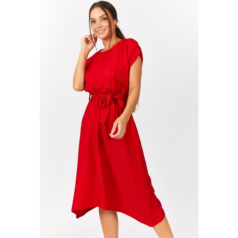 armonika Women's Red Dress with Elastic Waist and Tie