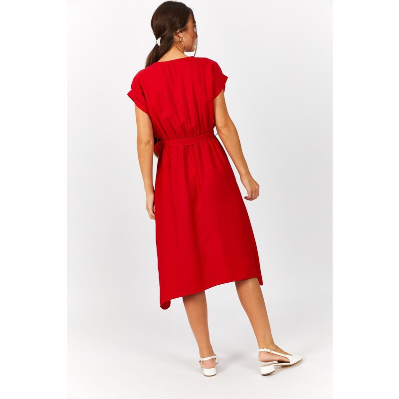 armonika Women's Red Dress with Elastic Waist and Tie