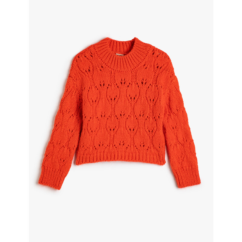 Koton Knitted Sweaters Openwork Round Neck Long Sleeve Soft Textured.