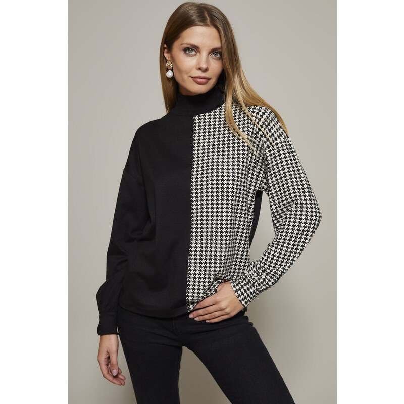 Cool & Sexy Women's Black and White Half Turtleneck Cowskin Print Blouse Yi2037