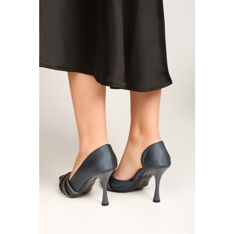 Shoeberry Women's Aern Navy Blue Satin with Stones Heeled Shoes Stiletto