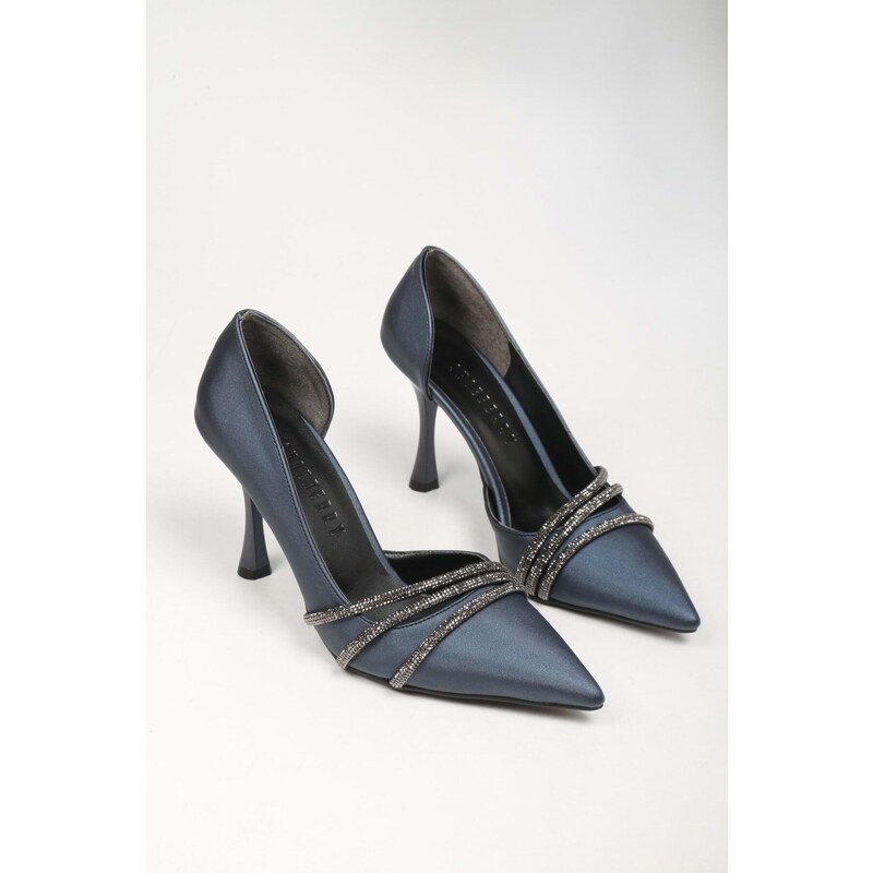 Shoeberry Women's Aern Navy Blue Satin with Stones Heeled Shoes Stiletto