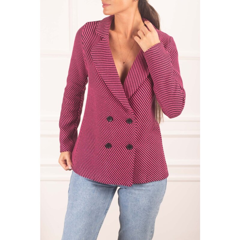 armonika Women's Fuchsia Striped Patterned Four Button Cachet Jacket