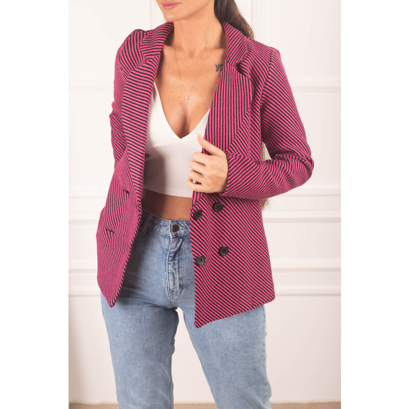 armonika Women's Fuchsia Striped Patterned Four Button Cachet Jacket