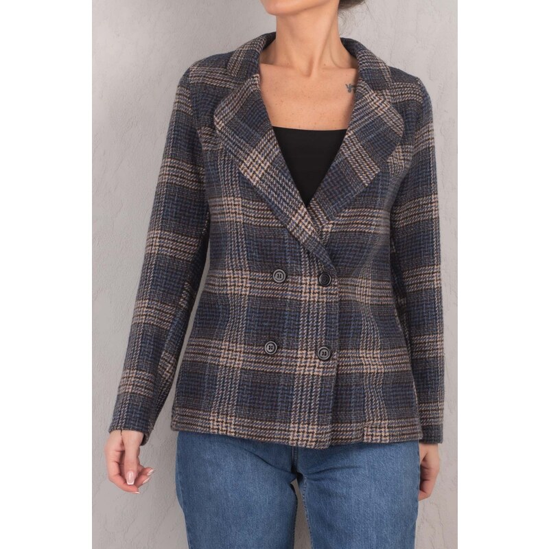 armonika Women's Navy Blue Checkered Four Button Cachet Jacket