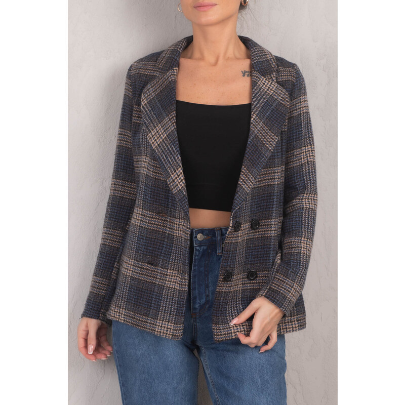 armonika Women's Navy Blue Checkered Four Button Cachet Jacket