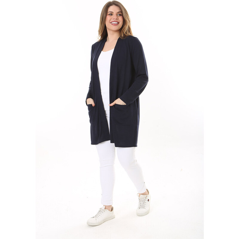 Şans Women's Plus Size Navy Blue Front Pocket Cardigan