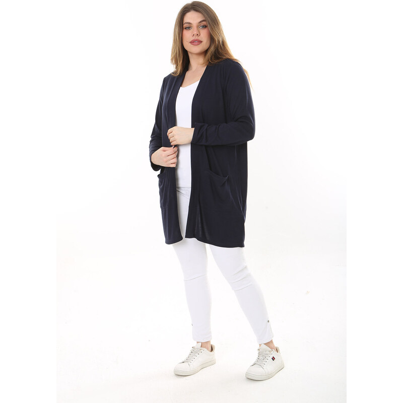 Şans Women's Plus Size Navy Blue Front Pocket Cardigan