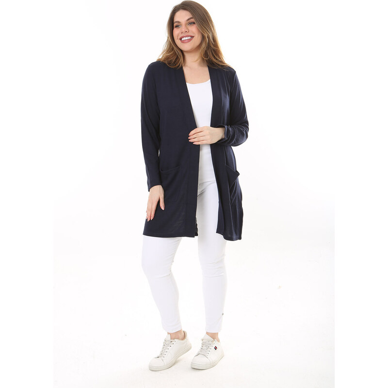 Şans Women's Plus Size Navy Blue Front Pocket Cardigan