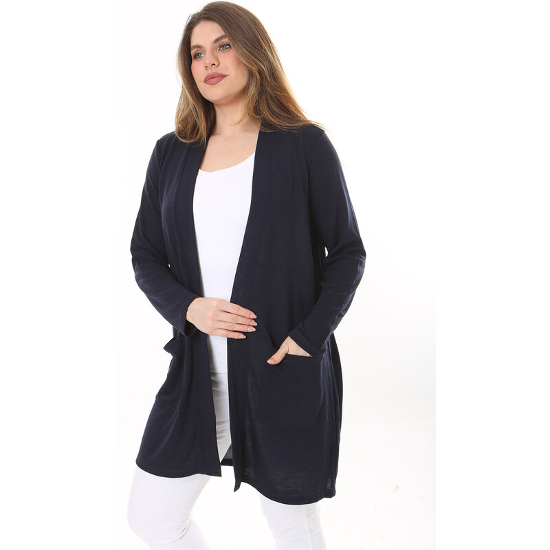 Şans Women's Plus Size Navy Blue Front Pocket Cardigan