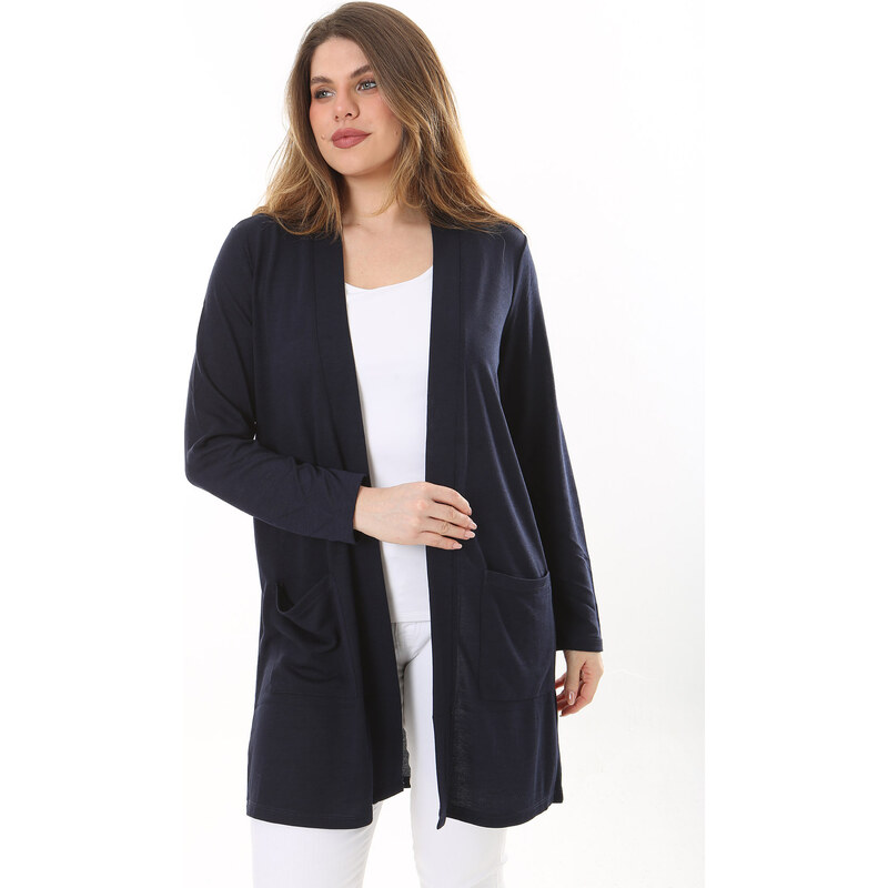 Şans Women's Plus Size Navy Blue Front Pocket Cardigan