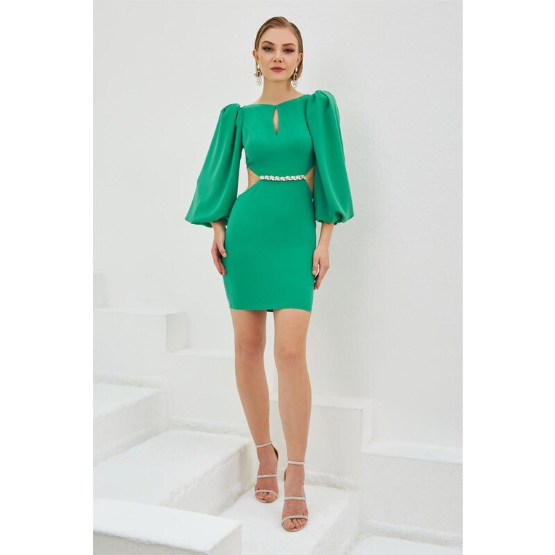 Carmen Green Crepe Stone Balloon Sleeve Short Evening Dress