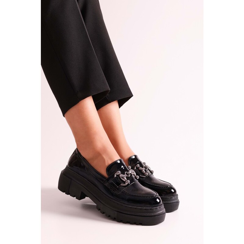 Shoeberry Women's Rex Black Patent Leather Thick Sole Buckled Loafers Black Patent Leather.