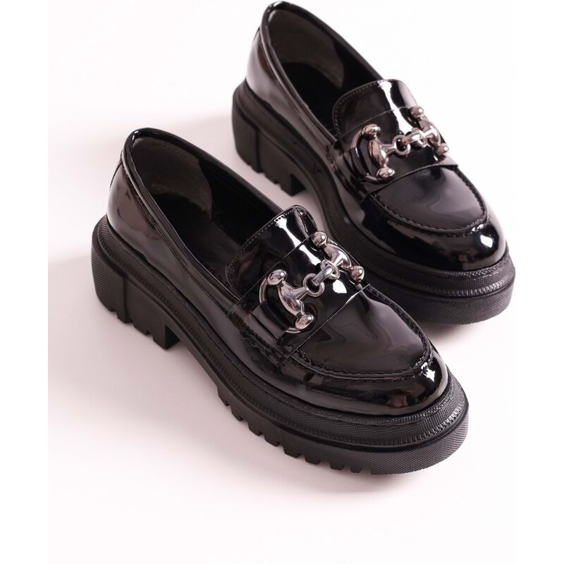 Shoeberry Women's Rex Black Patent Leather Thick Sole Buckled Loafers Black Patent Leather.