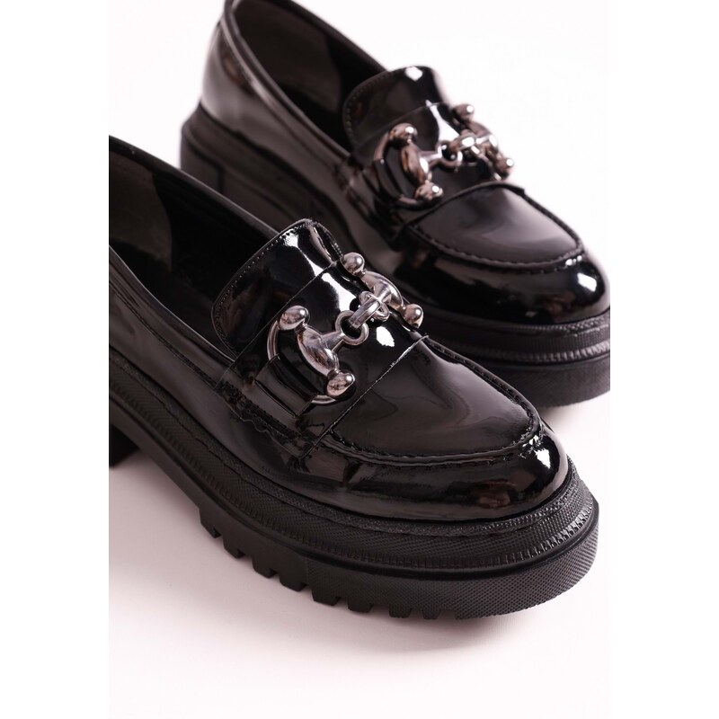 Shoeberry Women's Rex Black Patent Leather Thick Sole Buckled Loafers Black Patent Leather.